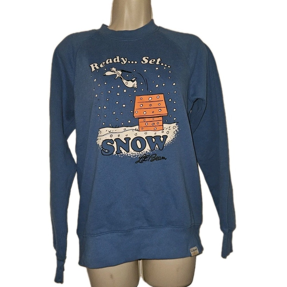 LL Bean x Peanuts Blue Snoopy Ready Set Snow Sweatshirt Sz XS Outdoors USA Made
